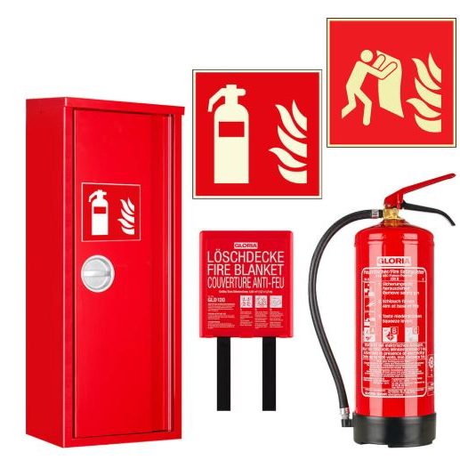 Roter Feuerlöscher, Wandkasten und Brandschutzsymbole in rotem Design.