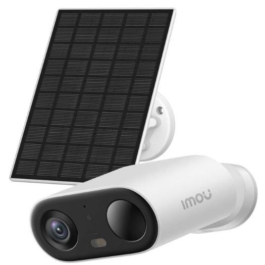 Überwachungskamera mit Solarpanel für kabellose Energieversorgung.