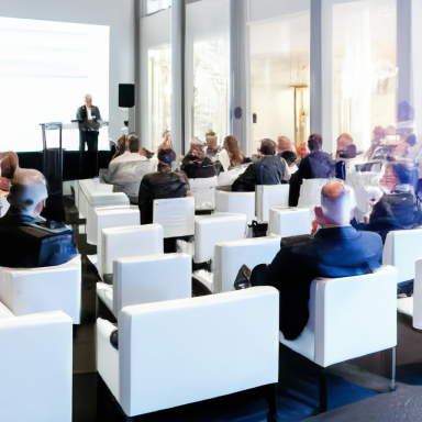 Konferenzraum mit Sitzplätzen und Vortragendem vor Publikum in modernen weißen Stühlen.